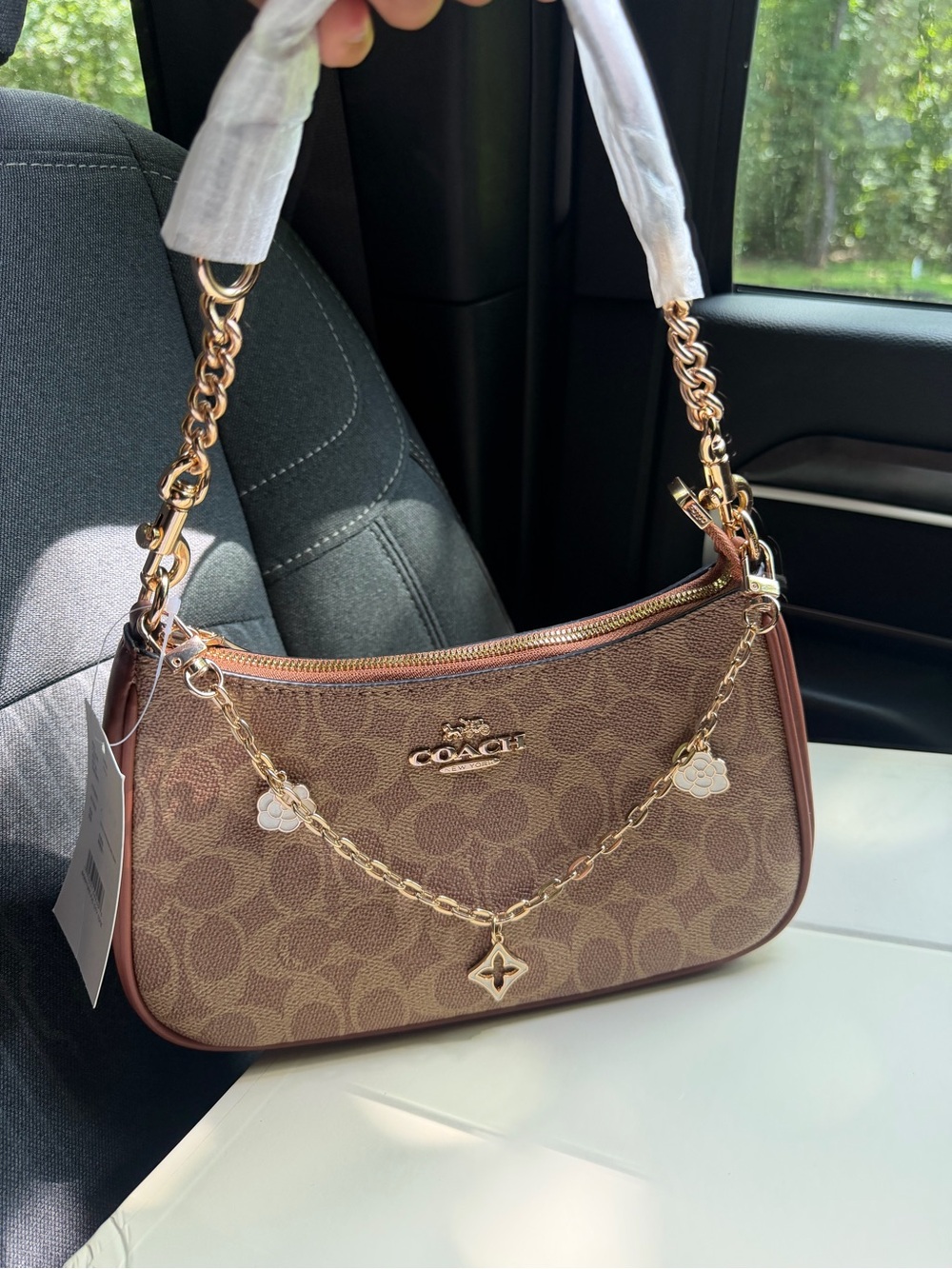 COACH Brown Signature Canvas Shoulder Bag with Gold Chain